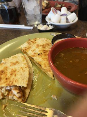 Spicy chicken quesadilla with beef barley soup.