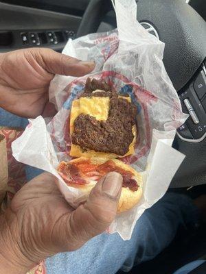 - Double Stack  I went at 6:05 pm to buy and the hamburger was chopped into a piece and that's how the employee dispatched it