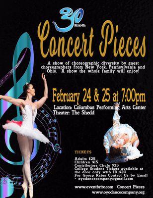 "Concert Pieces" premiers on February 24th and 25th at the Columbus Performing Arts Center.  Tickets at EventBright.com