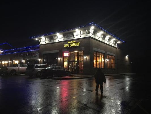 Located on the corner of the strip mall. Nice airy interior and good night lighting.