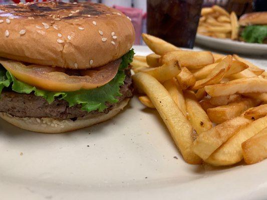 Bacon cheeseburger and fries.