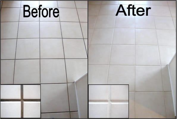 After cleaning tile and grout with 1200psi hot water,we apply the colorseal in the color of client's choice.Colorseal covers ...