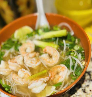 Vegetable Pho with Beef Broth...I used my own shrimp at home.