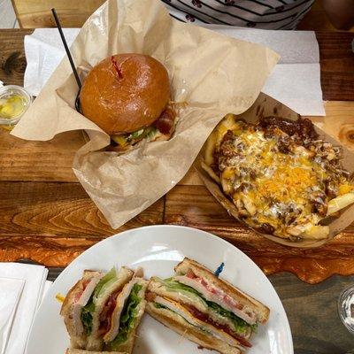 santa barbara burger, chili cheese fries and club sandwich