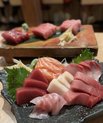 Sashimi platter (front) and bluefin sashimi trio (back)