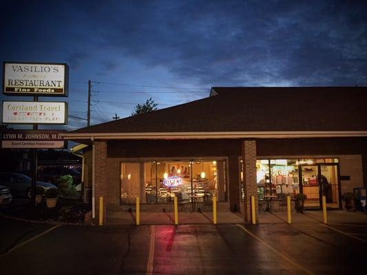 Parking lot view of Vasilio's on a calm Ohio evening.