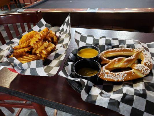 Waffle fries and pretzel