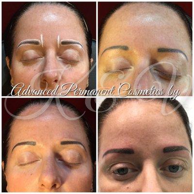 Brow correction by adding shape, size and hairstrokes to camouflage the old brow done prior to visiting us...client did not want removal