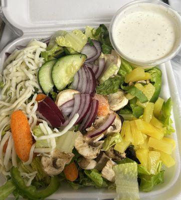 Large salad with fresh ranch dressing!