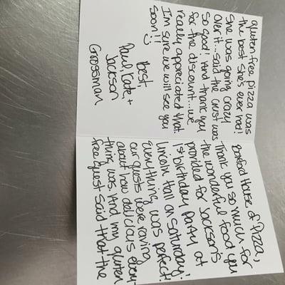 A thank you card from our costumer