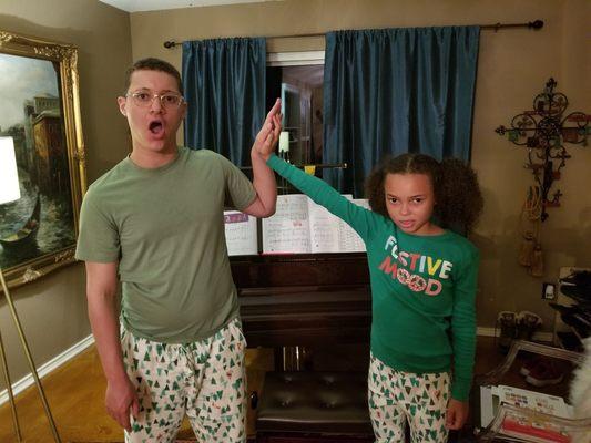 This years Jingle Jammies (Thing One and Two being silly).