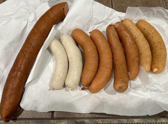 Assortment of sausage and a smoked kielbasa. All delicious. Bavarian Bierwurst with the black peppercorn was the star!