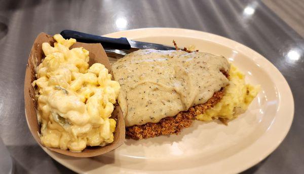 Chicken fried steak (special) with mashed potatoes and mac n cheese