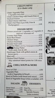 Kid's menu with dinner options