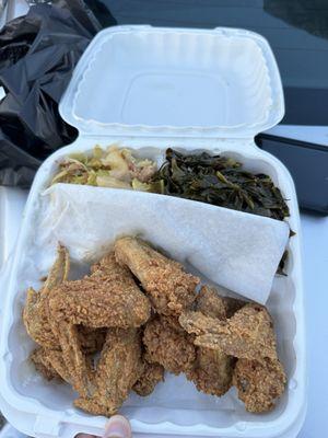 Chicken wings, collard greens, cabbage