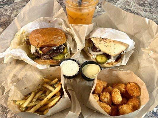 Mushroom Burger with Bacon, The Boss, Chimichurri Fries, Togarashi Tots, and a Thai Tea