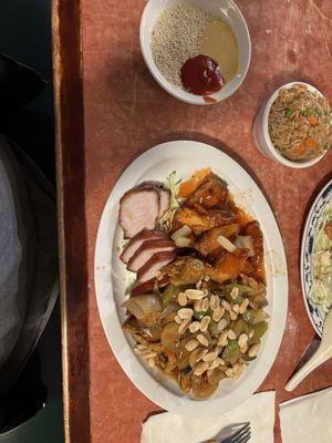 BBQ Pork, sweet sour chicken, kung pao chicken, fried rice