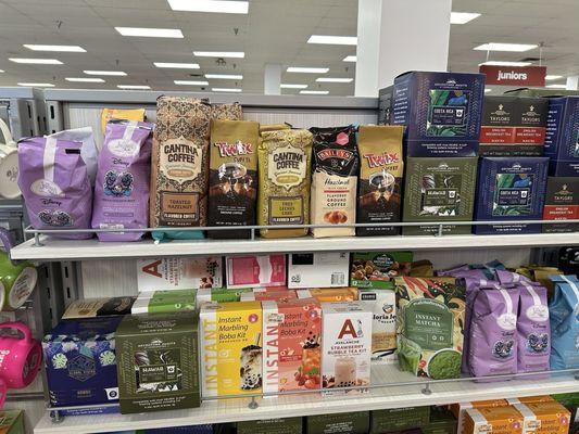 Lots of fun beverages, including coffee and tea, to look over while waiting in the checkout line.