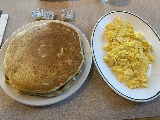 Special pancakes of the day and scrambled eggs