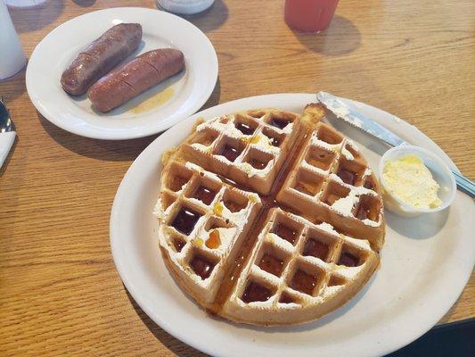 Belgian waffle w/ real syrup & hot sausage.