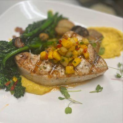 Grilled swordfish , fresh mango pineapple salsa, corn puree