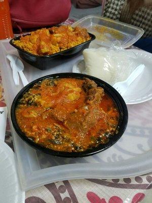 Egusi with pounded yam. Note the beef stew w/ jollof rice in the back