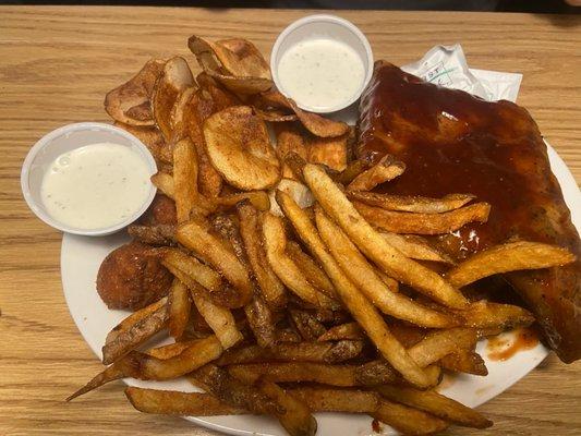 Ribs, chips, hush puppies, fries