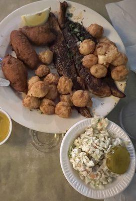 Fried scallops, blackened catfish, hush puppies & coleslaw