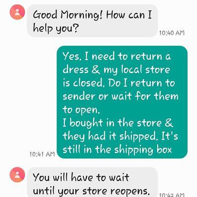 TEXT BETWEEN DAVID'S BRIDAL CUSTOMER SERVICE DEPT AND ME