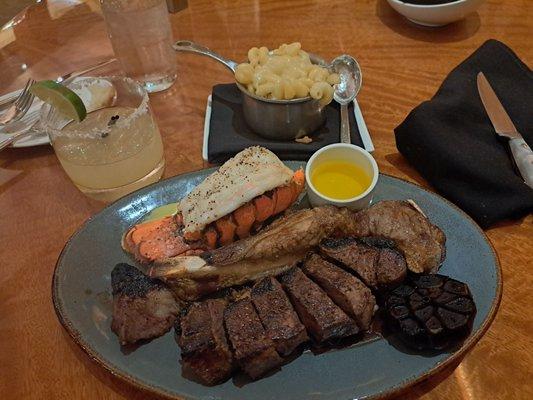 NY Steak, Lobster, Truffle Mac and Cheese and a Margarita.