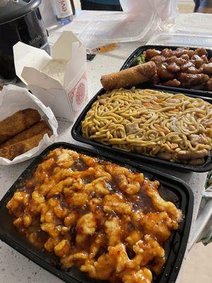 Orange chicken, General tso, Lo mein, and egg rolls