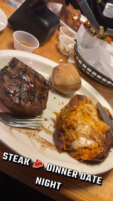 Not sure why the roll was so tiny but well cooked medium steak and delicious sweet potato