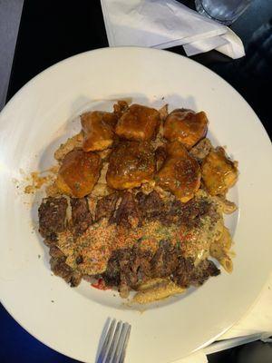 Honey garlic salmon & steak w/ rasta pasta