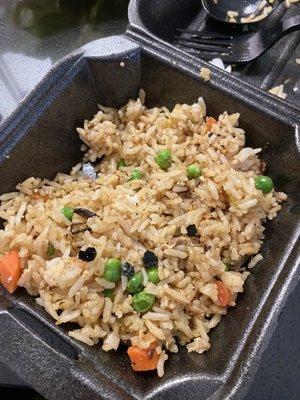 Fried rice BUT mine had a lot of black char in it! I was not happy at all!!!! At first I thought it may be cut up seaweed but it wasn't!