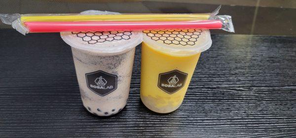 Oreo bomb and mango smoothtea with coconut jelly