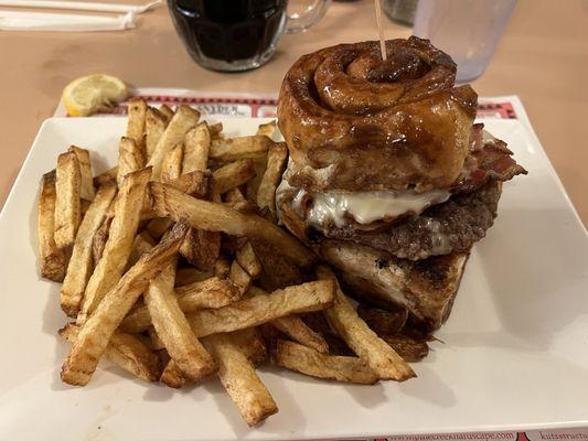 Sticky bun bacon cheeseburger