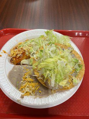 Combo #3 - bean tostada, chicken enchilada, rice and beans