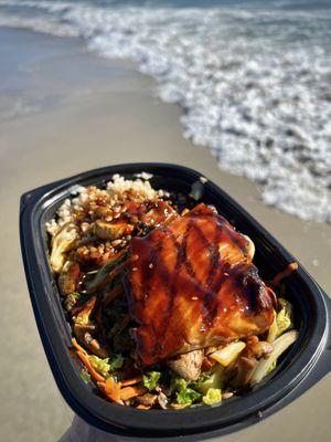 Teriyaki salmon over stir fry veggies & brown rice.