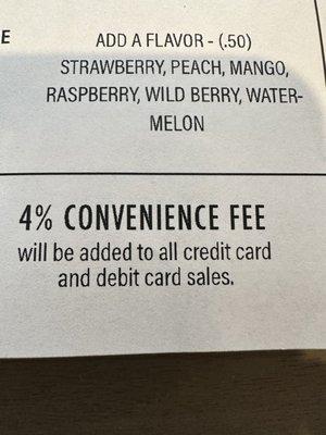 4% "convenience" fee for credit or debt cards.