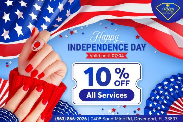 HAPPY INDEPENDENCE DAY
10% OFF All Services
Valid until 07/04

 Enjoy the freedom to pamper yourself this Independence Day at Ritzy Na