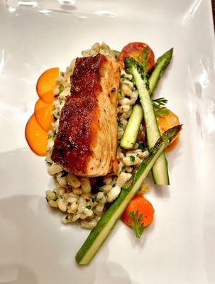 Steelhead trout, Kasha, Apricot, and Asparagus.