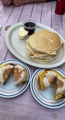 Pancakes, Sausage, Egg & American Cheese Sandwich, and Goetta, Egg & American Cheese Sandwich