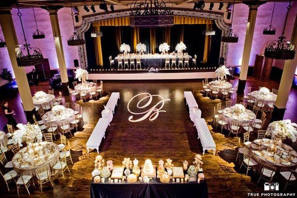 The Prado Balboa Park Custom Gobo on Dancefloor and Uplights