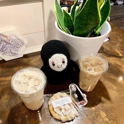 coconut cream coffee, brown sugar milk tea, and cinnamon roll cookie