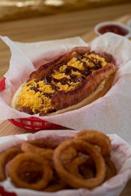 Pick-Me-Up Western Bacon Chili Cheese Dog | Crispy bacon, BBQ Sauce and mounds of freshly shredded cheddar cheese