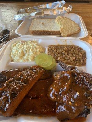 Ribs, chicken combo.  With sponge cake thrown in.