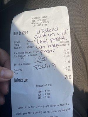 Receipt that was given to my friend when she returned for her phone.