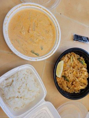 RED CURRY w/ tiny bit of chicken & veg/tiniest portion of rice ever / Chicken Pad Thai that had more tofu filler than chicken