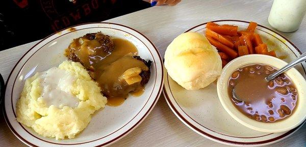 SUNDAY special: hamburger with gravy, mashed potatoes, beans, carrots and a roll $7.50