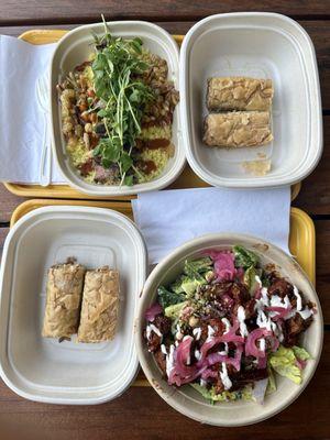 Cauliflower with house salad, beef with couscous, and baklava with pistachios